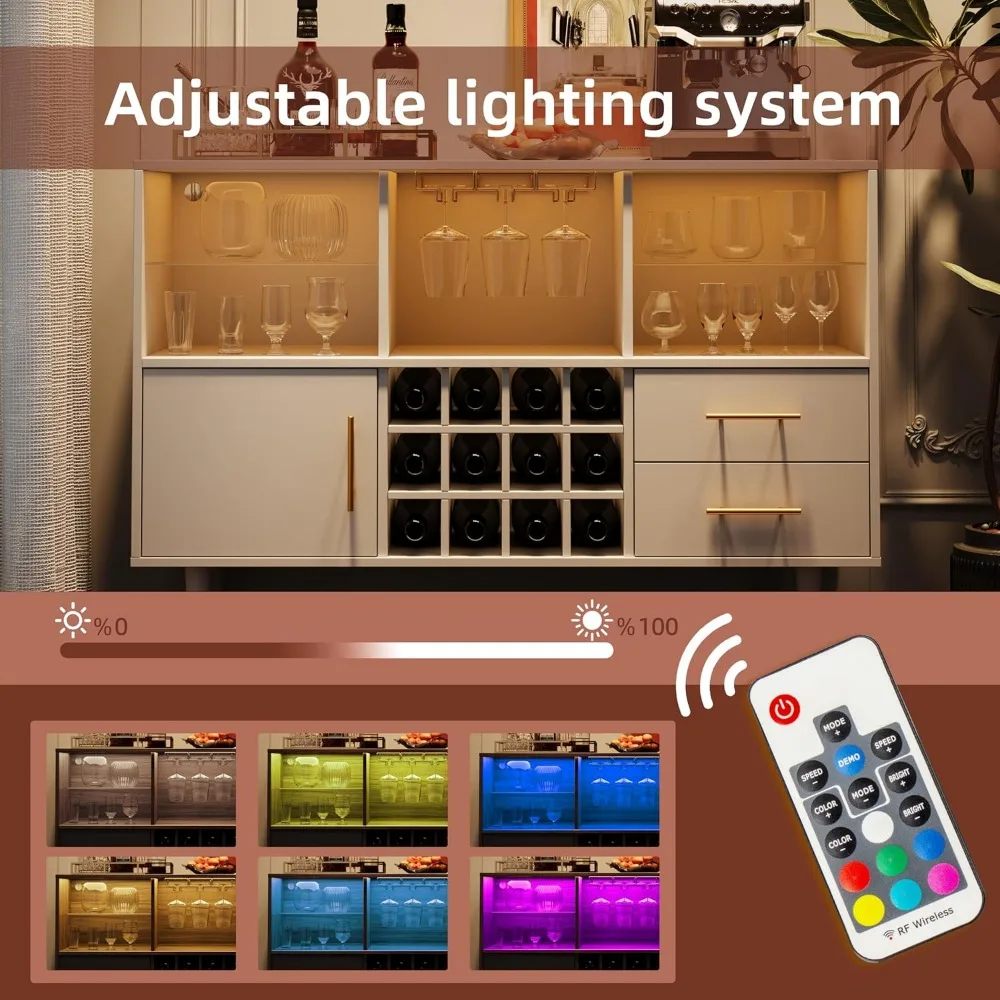 Armário de bar com estação de carregamento LED, buffet e aparador - ideal para bares de café e vinho, 47 polegadas branco