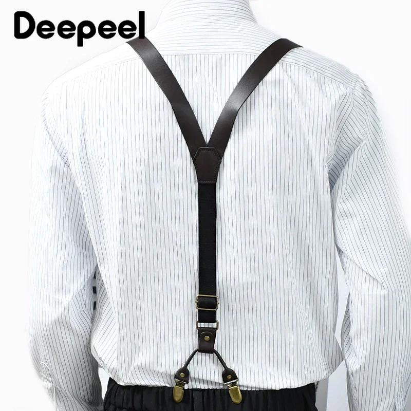 1Pc 25mm Retro PU Leather Adult Men's Suspenders Man Braces 4 Clips Adjust Strap Male Jockstrap Suspender for Pants Harness Men