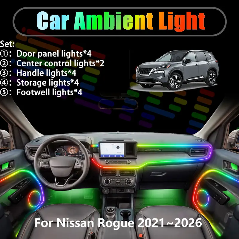 

Светодиодная подсветка салона и багажника для Nissan Rogue 2021-2026, X-Trail T33, 2/18 в 1, USB RGB, Ensemble Streamer