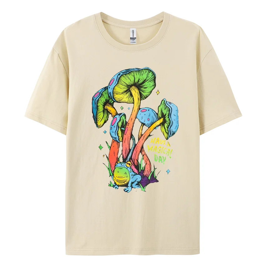 100% Cotton Green Mushroom Print Women's T-Shirt Loose Crew Neck Short Sleeve Funny Niche Fashion Casual Top Summer Must-Have