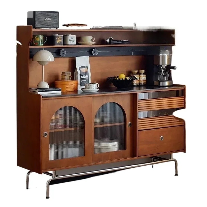 Solid wood retro dining side cabinet, Nordic medieval small apartment living room rock slab tea cabinet