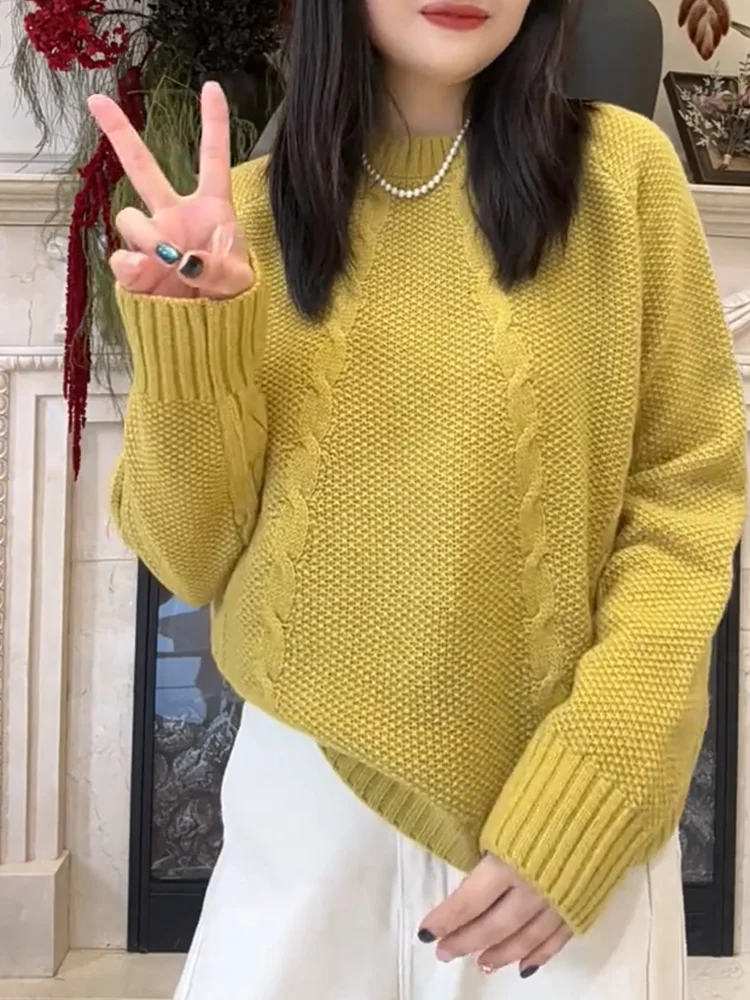 

Korean Sle Lazy round Ne Knitwear Yellow Top Women's Loose Fit Long Sve Warmth Emitting Camere Regular Length Commute