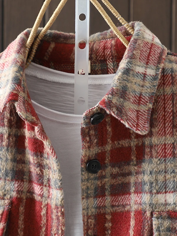 Thiened Wollen Plaid irt Dames Herfst Winter Koreaanse Sle Fce Gevoerd Casual Bovenkleding Loose Fit Warm High End irt