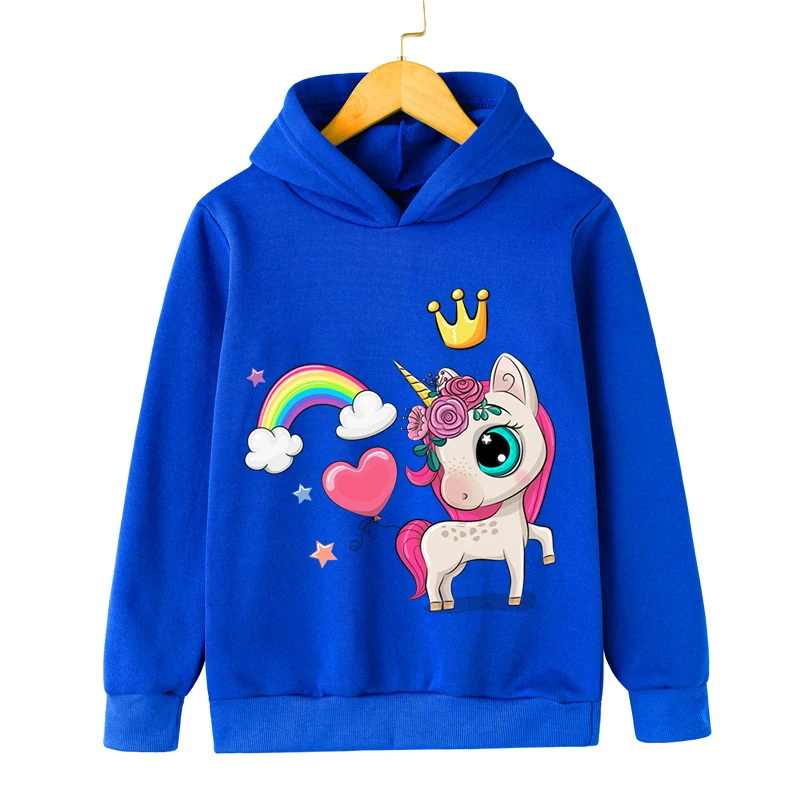 New Fashion Hoodies Cute Rainbow Crown Unicorn Print Hooded for Boys Girls Long Sleeve Pullover Cartoon Anime Unicorn Sweatshirt