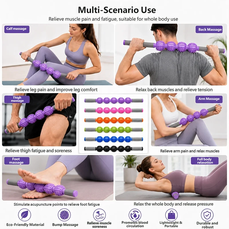 5 Spiky Ball Massage Roller Stick Muscle Relaxation Trigger Point Fitness Yoga Tool 6 Colors 62cm