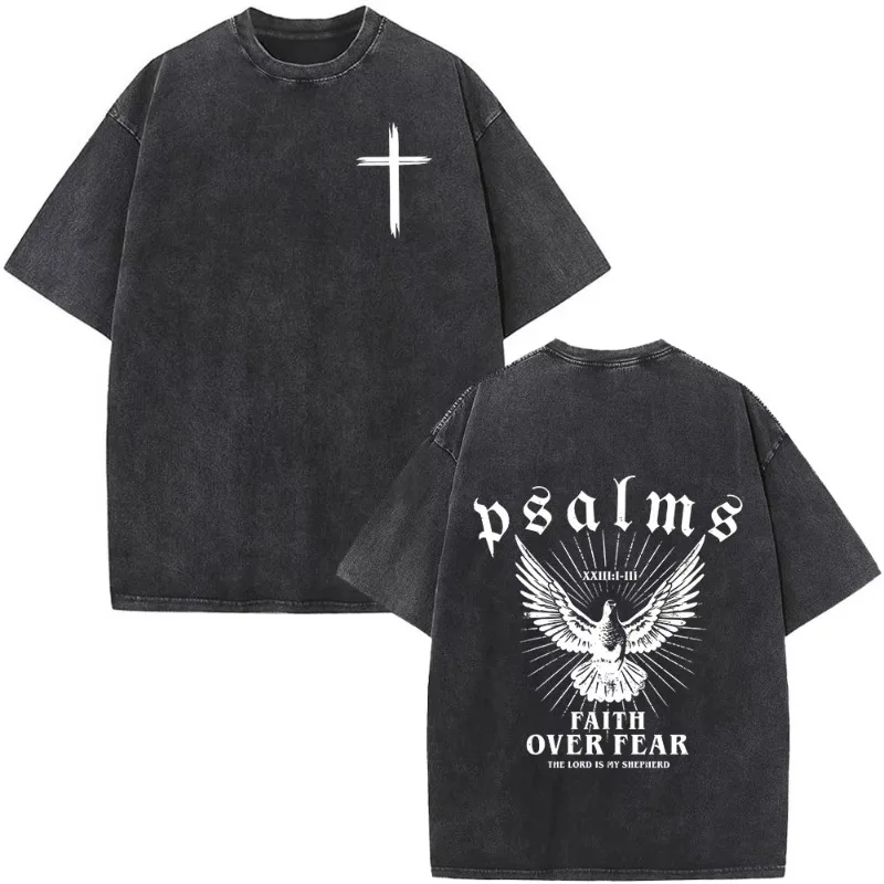 

Christian Jesus Faith Over Fear Bible Verse Washed T-shirts Men's Women's Fashion Vintage Oversized Wash T Shirts Cotton T-shirt