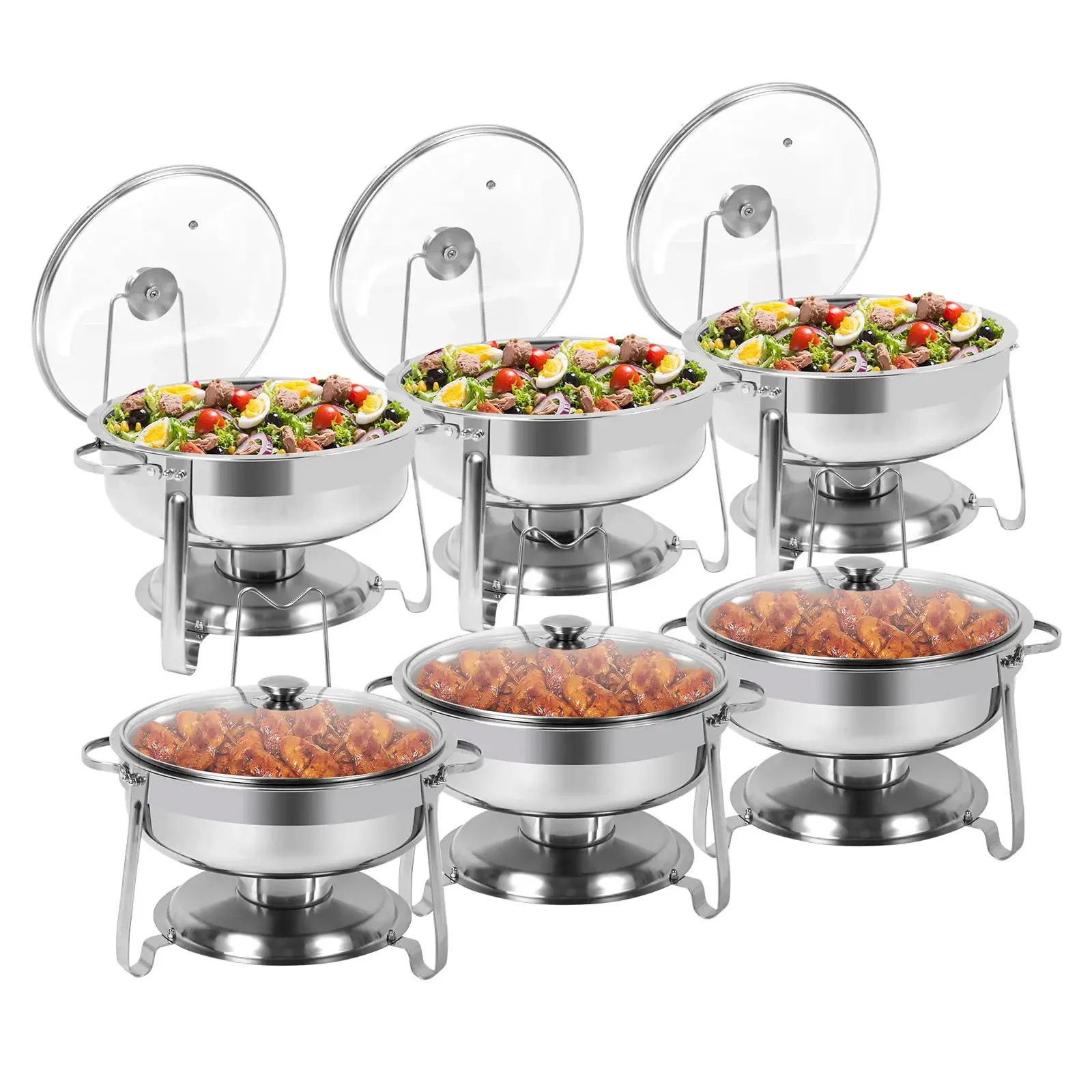 

BriSunshine-Round Chafing Dish Buffet Set, 6 Packs, 4 QT Stainless Steel Dishes with Glass Lid, Lid Holder