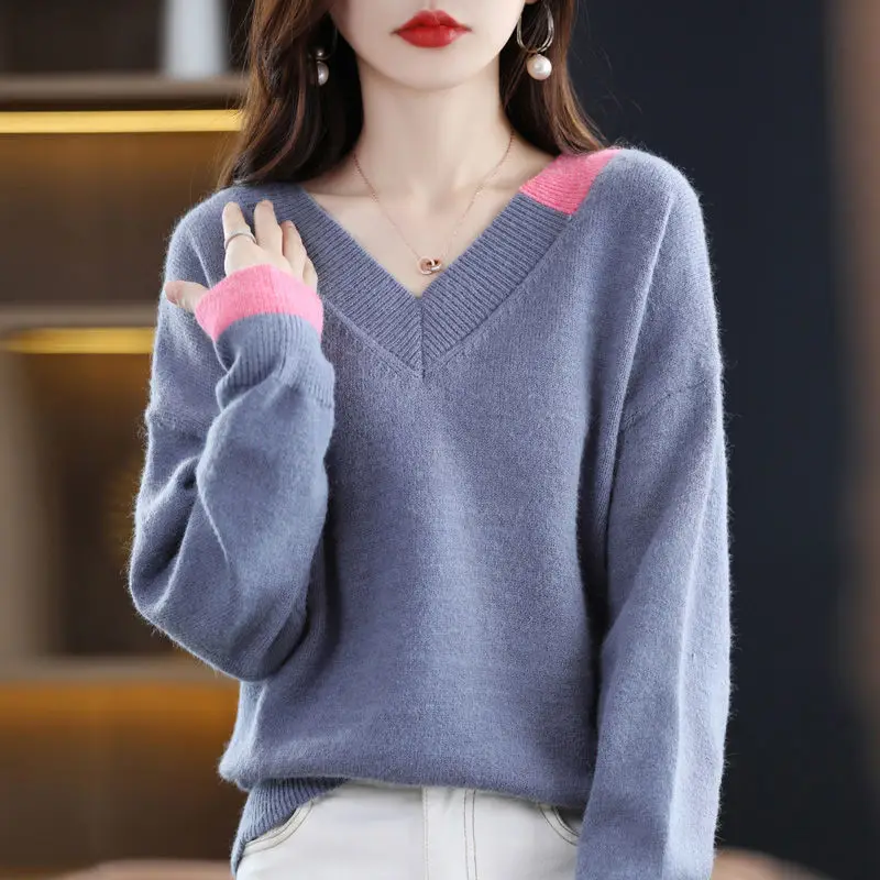 Korean Fashion Panelled Knitted Sweaters Autumn Winter Women's Clothing Pullovers Loose Warm Long Sleeve V-Neck Casual Jumpers