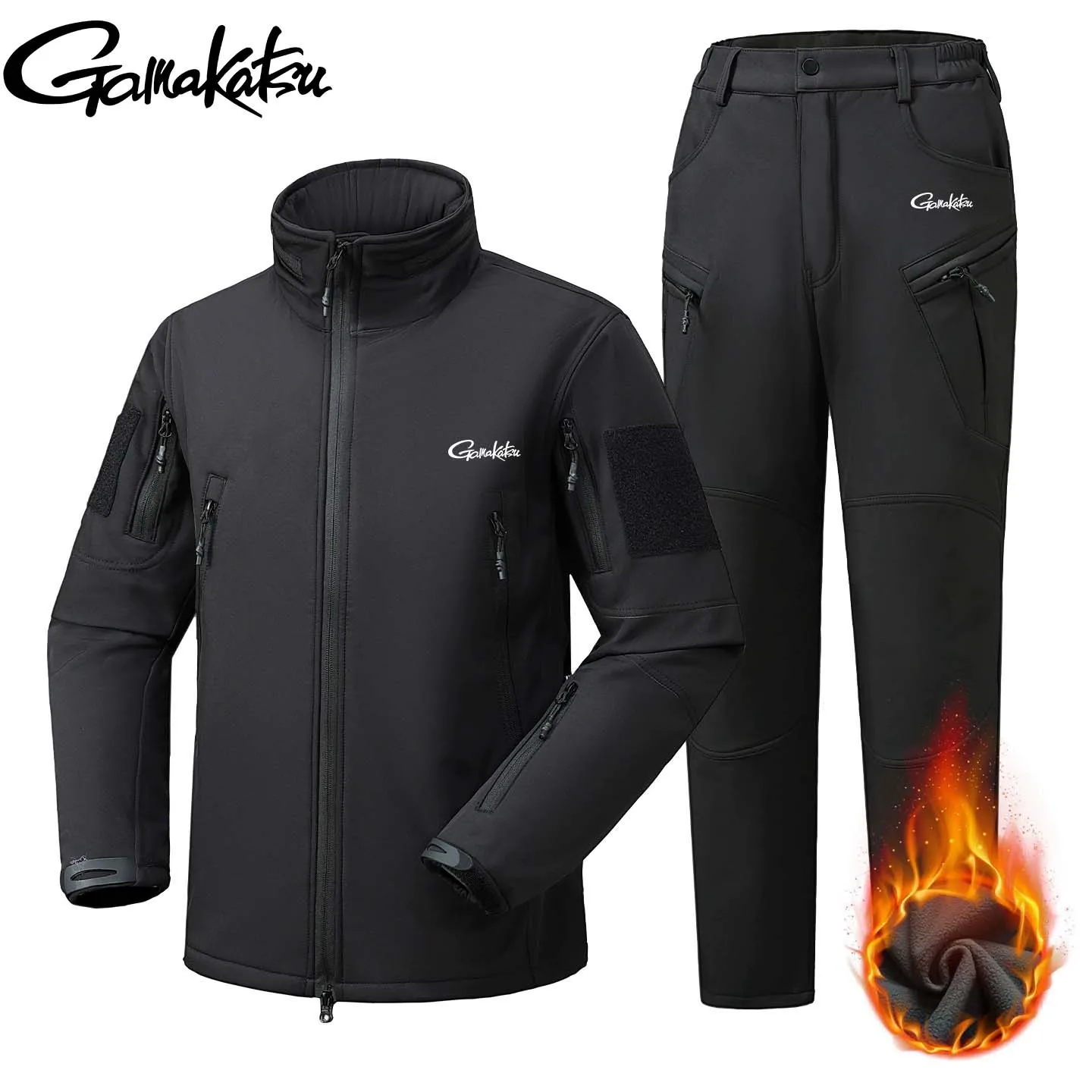 Gamakatsu Fishing Sharkskin Soft Shell Jacket Set Men - Windproof Water-Repellent Fleece-Lined Durable Hiking & Training Outfit