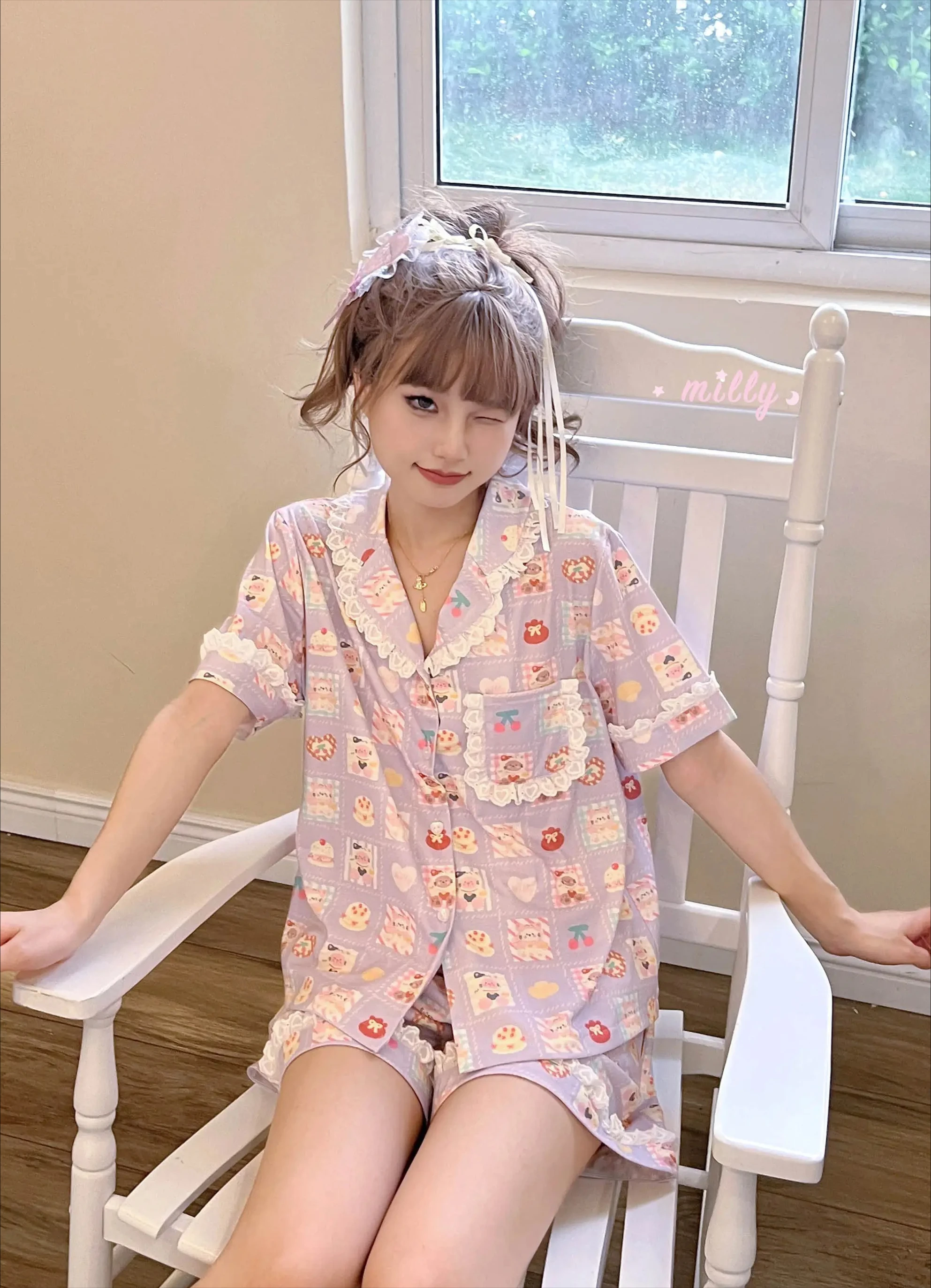 Original Japanese Ins Wind Purple Plaid Cute Short-sleeved Printed Pajamas Sweet Girl Doll Collar Modal Cotton Loungewear Set