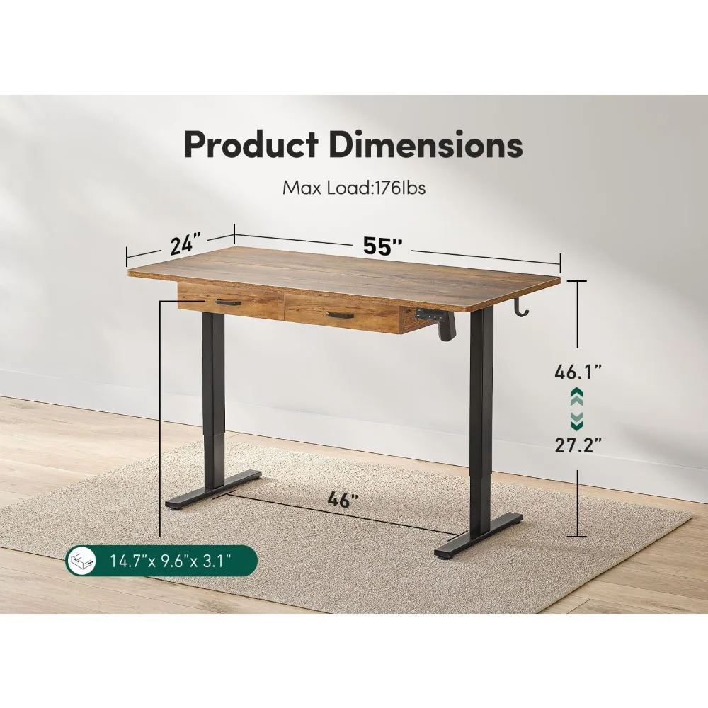 ダブルドロワー付き電動スタンドデスク,高さ調節可能,テーブルトップ,家庭用およびオフィス用