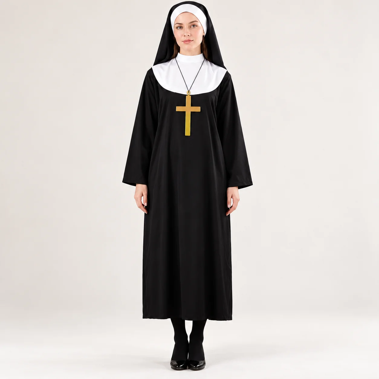 EOENKKY Women's Nun Costume Halloween Cosplay Outfit Black Habit Dress With Veil Headpiece Gold Cross Necklace