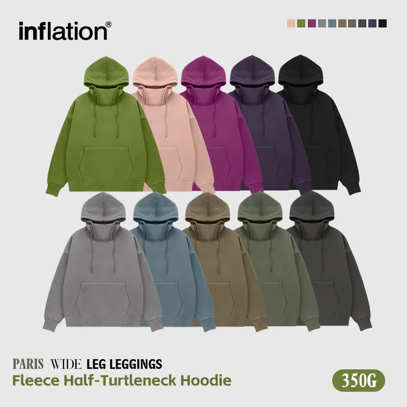 INFLATION 350gsm Thick Fleece Hoodies Unisex Winter Warm High Neck Hoodies Sweatshirts Mens Velvet Oversized Pulloverrs