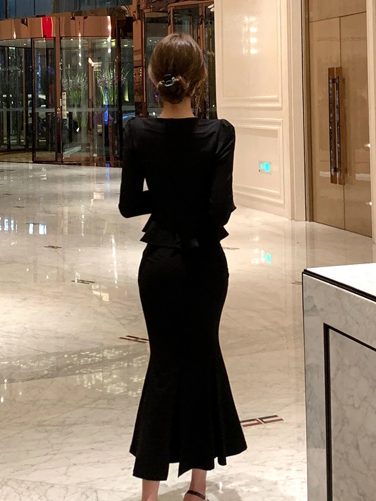 Women Clothes Black Outfits Elegant Lady Mujer Ruffle Square Neck Tops Shirt Blouse And Fishtail Long Skirt 2 Pieces Set Formal