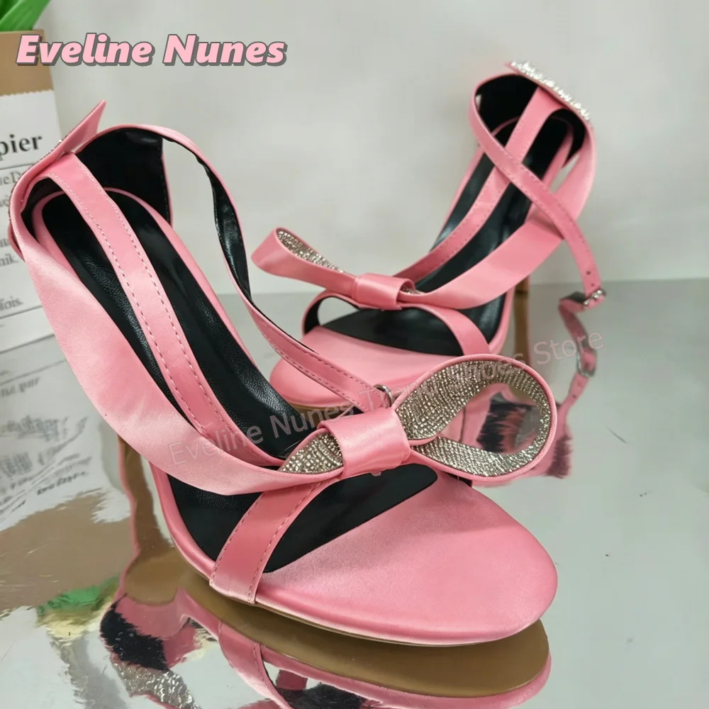 Hot Pink Satin Large Bow Rhinestone Sandals Open Toe Stiletto Ankle Strap Buckle Elegant Wedding Party Dress High Heels Summer view 4