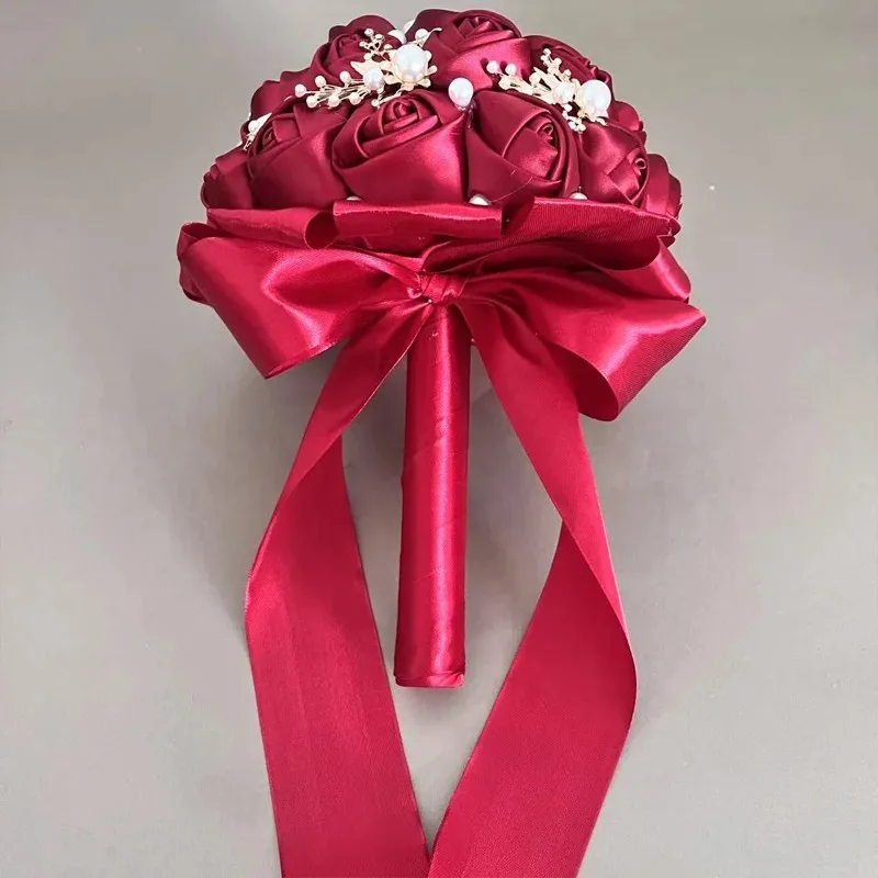 باقات زفاف أنيقة من اللؤلؤ الساتان، باقات يد زفاف باللون الأحمر الخمري، لأعياد الميلاد وعيد الحب والمناسبات الأخرى