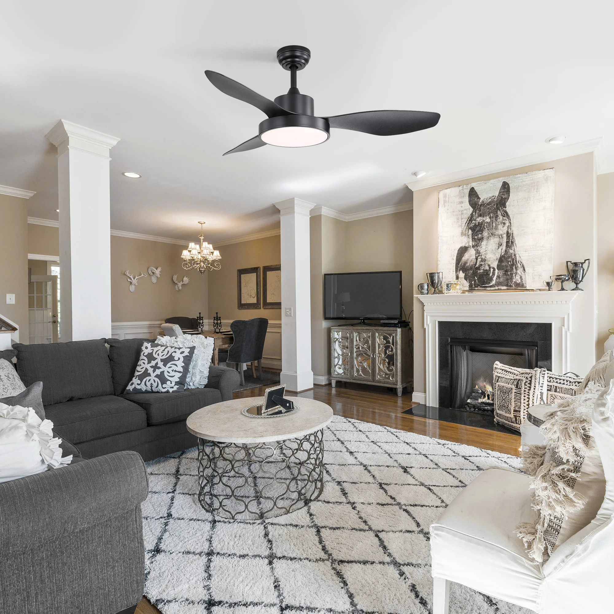 Sofucor Ventilador de teto moderno de 47 polegadas com LED DC 6 velocidades de alta velocidade do vento com controle remoto para sala de estar, quarto, sala de jantar