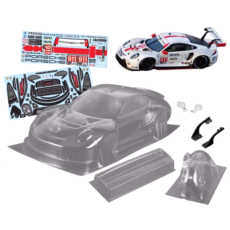 TC321 1/10 Porsch 911 RSR Clear Shell Body + Tail Wing/Lamp Cup/Color Decals for Rc Drift Car Toys Tamiya TT01/02 Kyosho Hsp