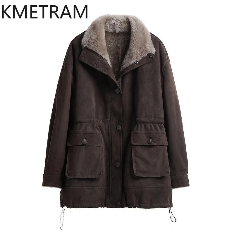 KMETRAM Raw Basha Sheep Shearling Fur Coat Woman Mid Length Cargo Fur Jacket Womens Winter Coats Light Soft Warm Outerwear Шуба