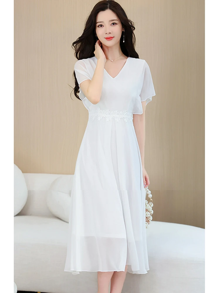 White V-Neck Sexy Party Dress for Women Summer Casual  Vacation Beach Long Dress 2024 Korean Fashion Bodycon Evening Midi Dress