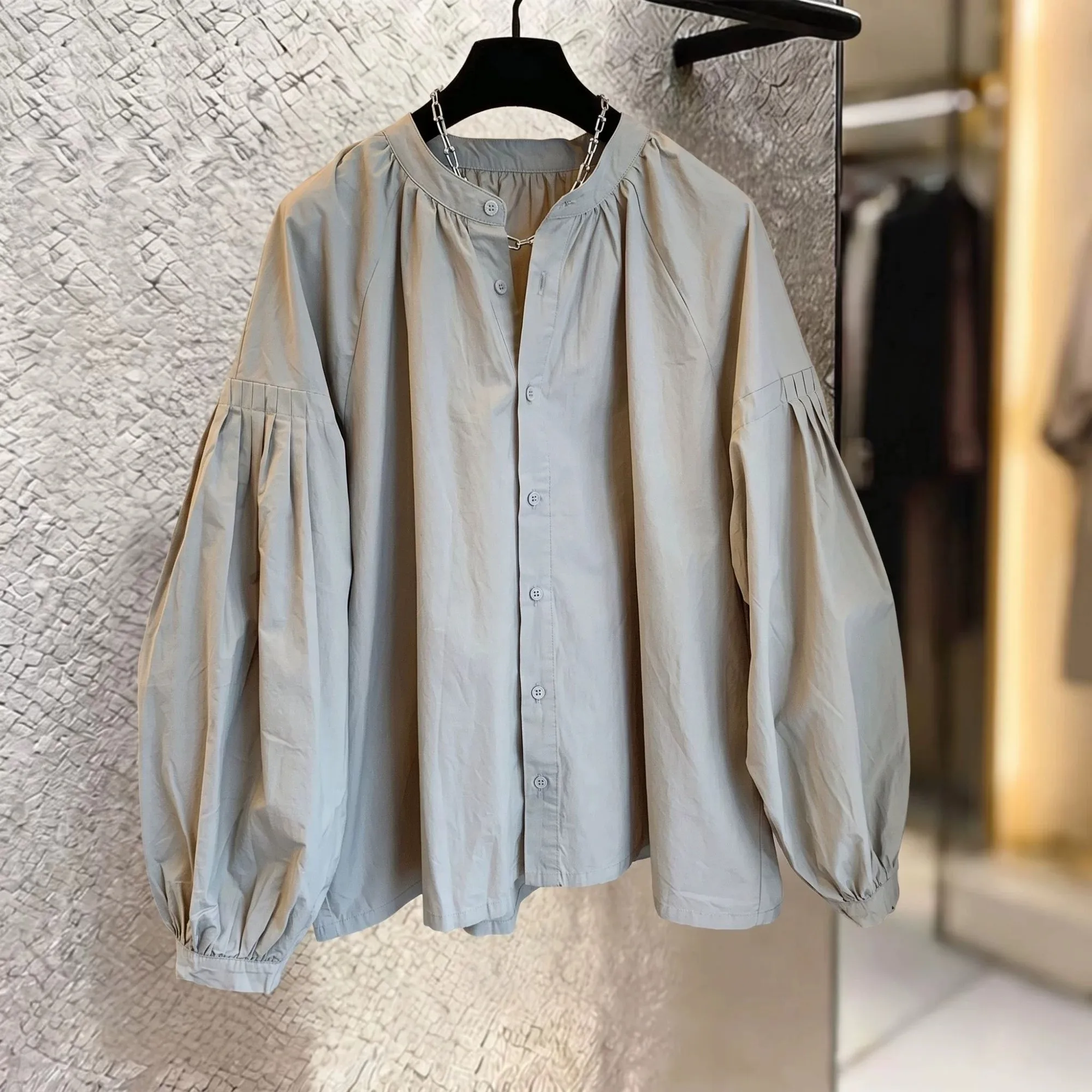 Loose Cotton Blend Women's Shirt Korean Style Gentle  Color Stand Collar Gathered Lantern Sleeve Casual Top plus Size