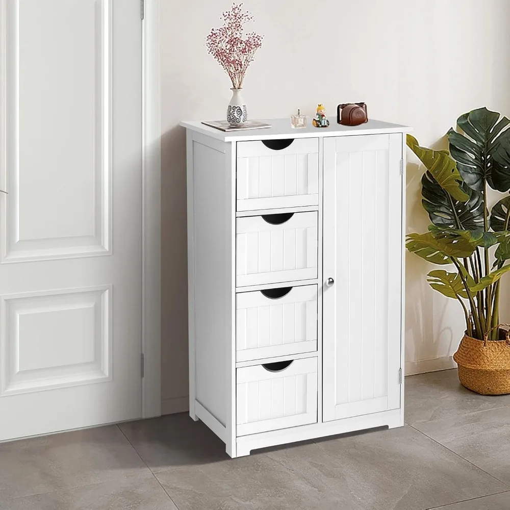 

Small Storage Cabinet Wooden Bathroom Floor Cabinet Small Space Furniture White Side Storage Organizer with 4 Drawers and 1 Cup