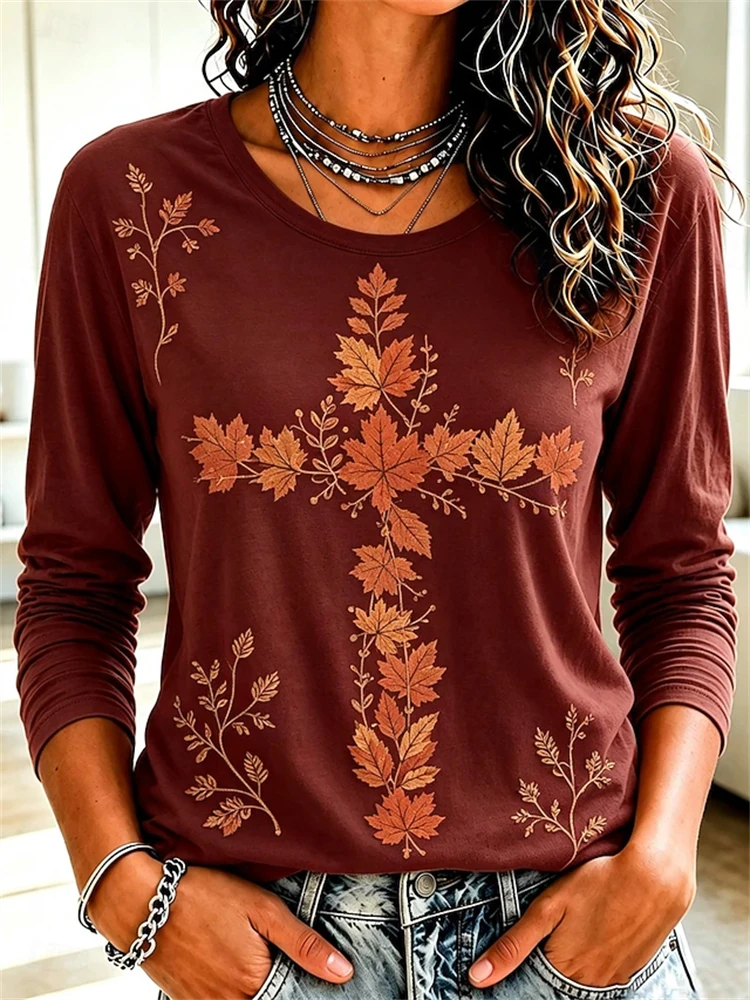 Fall Women's Long-Sleeve T-Shirt: Simple and Casual Floral Print Botanical Motifs Round Neck An Elegant and Stylish Women's Top