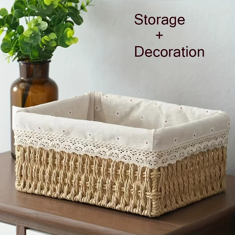 1pc Handmade Rattan Storage Basket, Desktop Rattan Storage Basket With Removable Lace Lining, Suitable For Cosmetic Storage