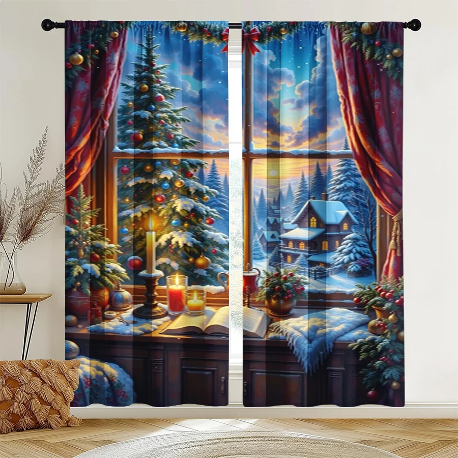 2PCS Christmas Winter Curtains, Window Christmas Town Candle, Digital Print, Bedroom Living Room, Home Decor Window Drapes