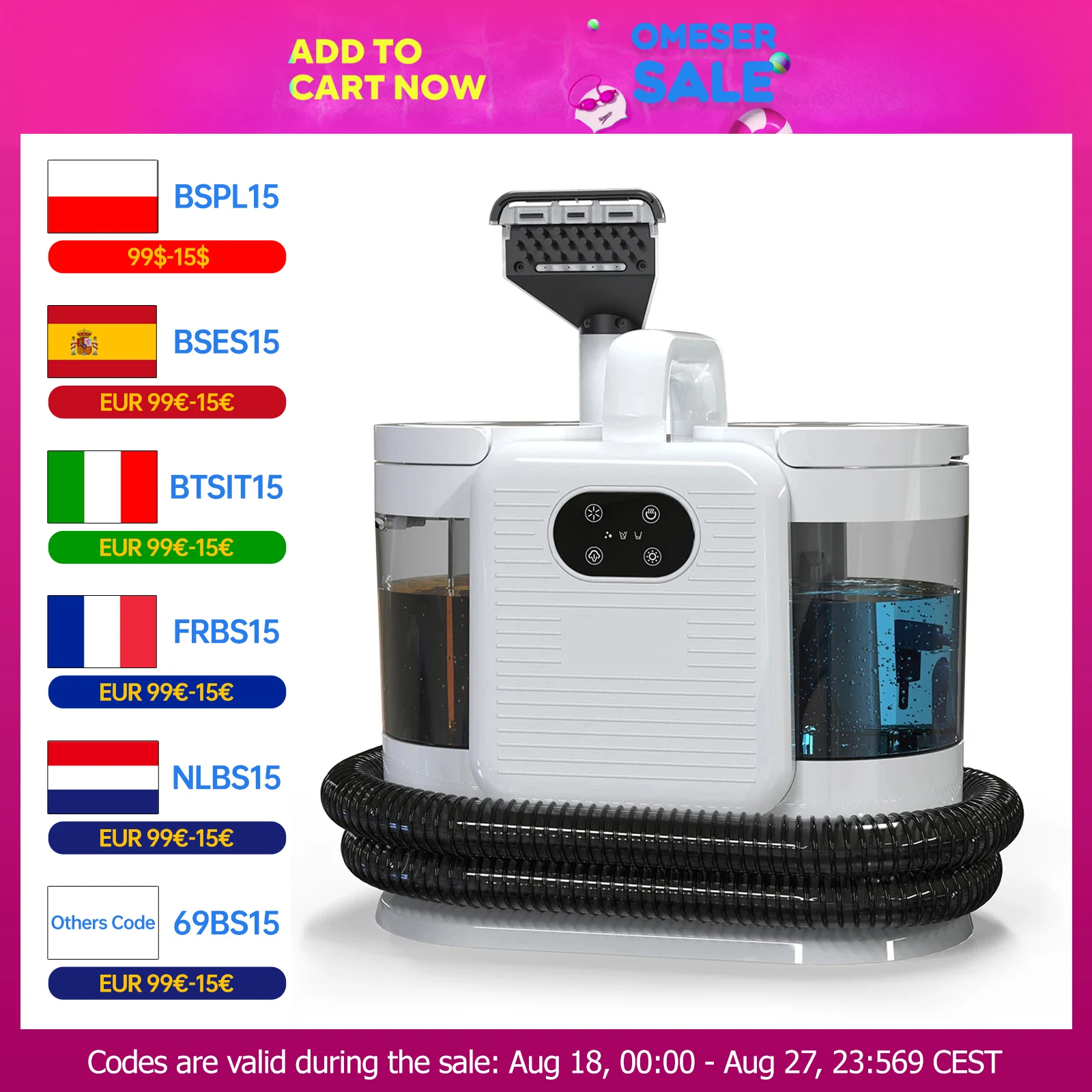 OMESER C988 1650W Macchina a spruzzo per pulizia a vapore 15KPa Aspirazione Pulitore per tappeti Elettrodomestico portatile intelligente per divano letto pulito