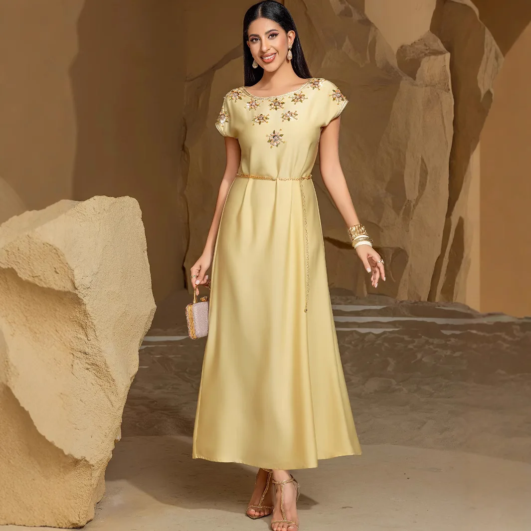 

Ba7030 New Champagne Satin Heavy Embroidery Hand-sewn Rhinestone Short Sleeve Socialite Style Dress Dubai Luxury Islam Elegant