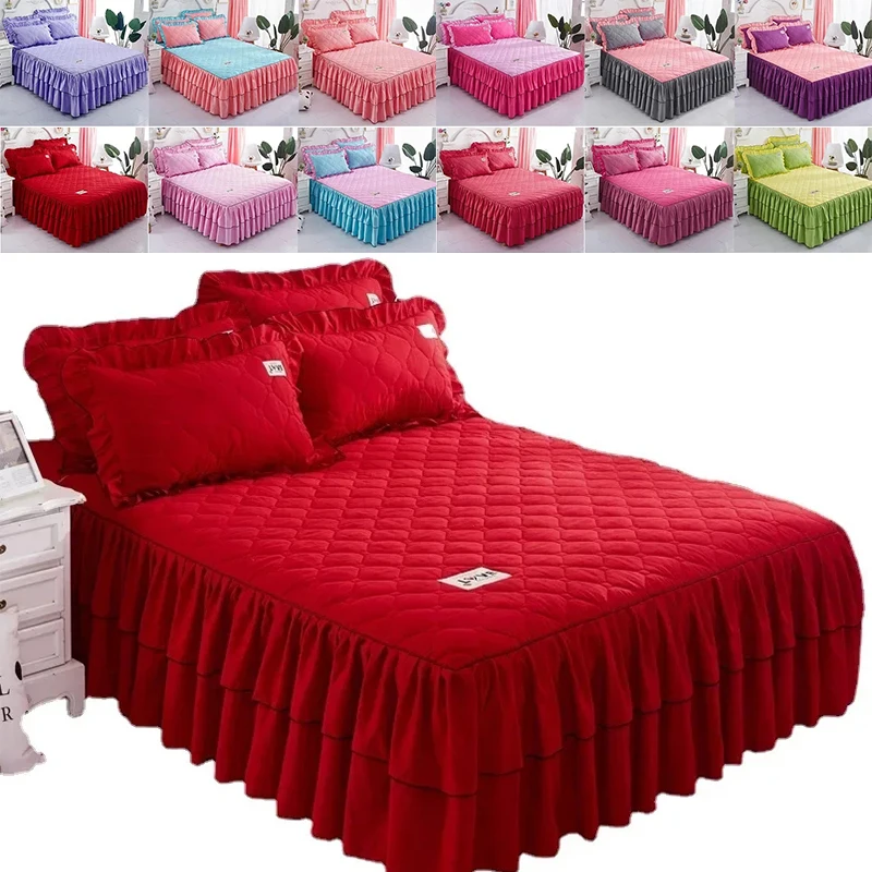 

3PCS/set Princess Bedding Solid Ruffled Bed Skirt Pillowcases Lace Bed Sheets Mattress Cover King Queen Full Twin Size Bed Cover