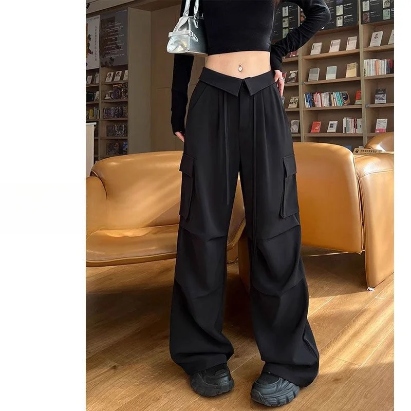 

Брюки унисекс в американском ретро-стиле с завязками, прямые, широкие, повседневные, свободные, струящиеся, для весны