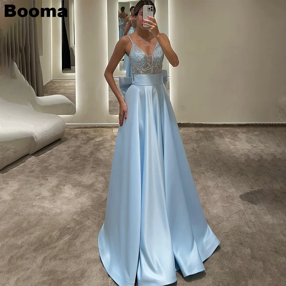 

Booma Baby Blue A Line Платья для выпускного вечера с V-образным вырезом Спагетти Ремень Большой бант Вечерние платья Вечерние платья Формальные платья для женщин