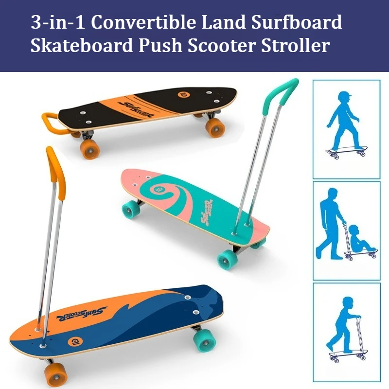 3-in-1 Multi-Function Land Surfboard Stroller Convertible Surf Skateboard Push Scooter for Adults & Youth Outdoor Cruising