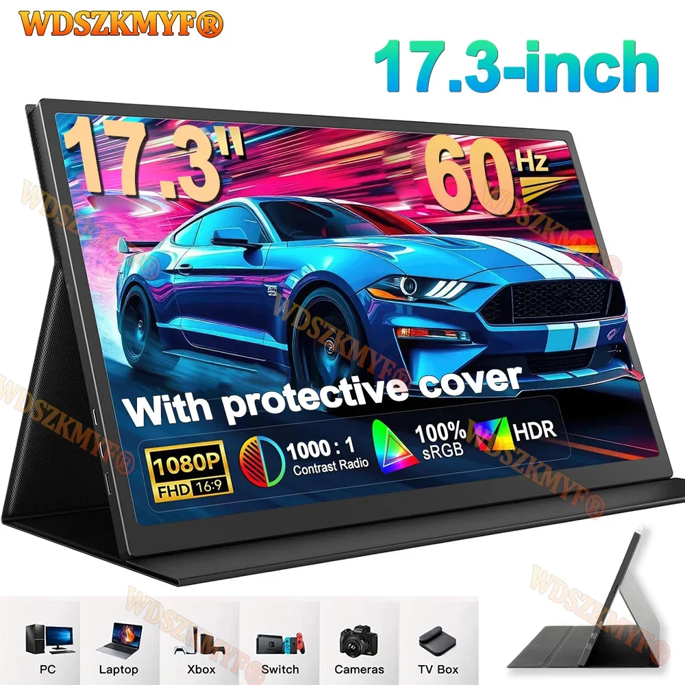 

17.3"Portable Monitor with Protective Case 1080P HDR Low Blue Light For XBox PS4 / 5 Switch Cell Phone PC Loptop Extension