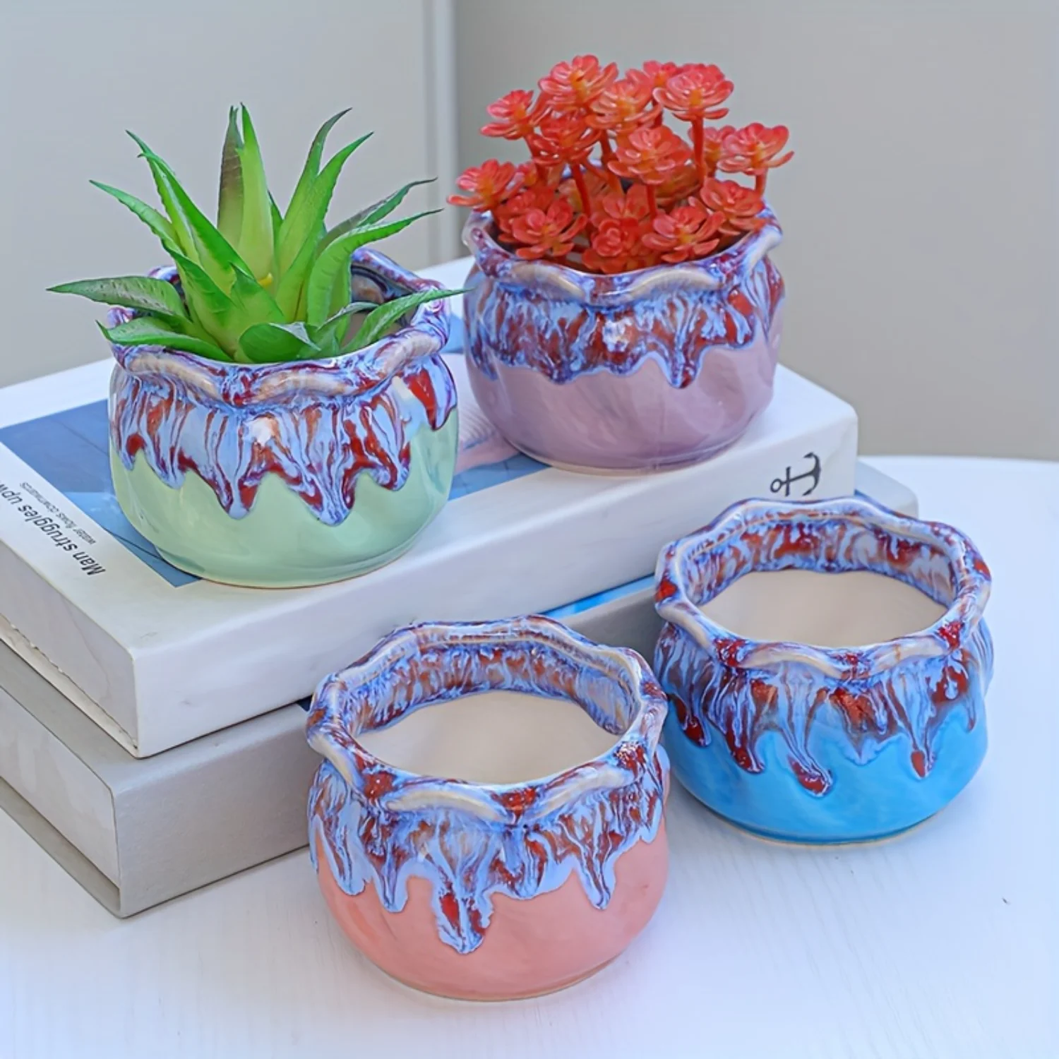 4pcs Colorful Glaze Round Ceramic Succulent Flowerpots - Creative Breathable Small Potted Gardening Desktop Decor Personality Ac