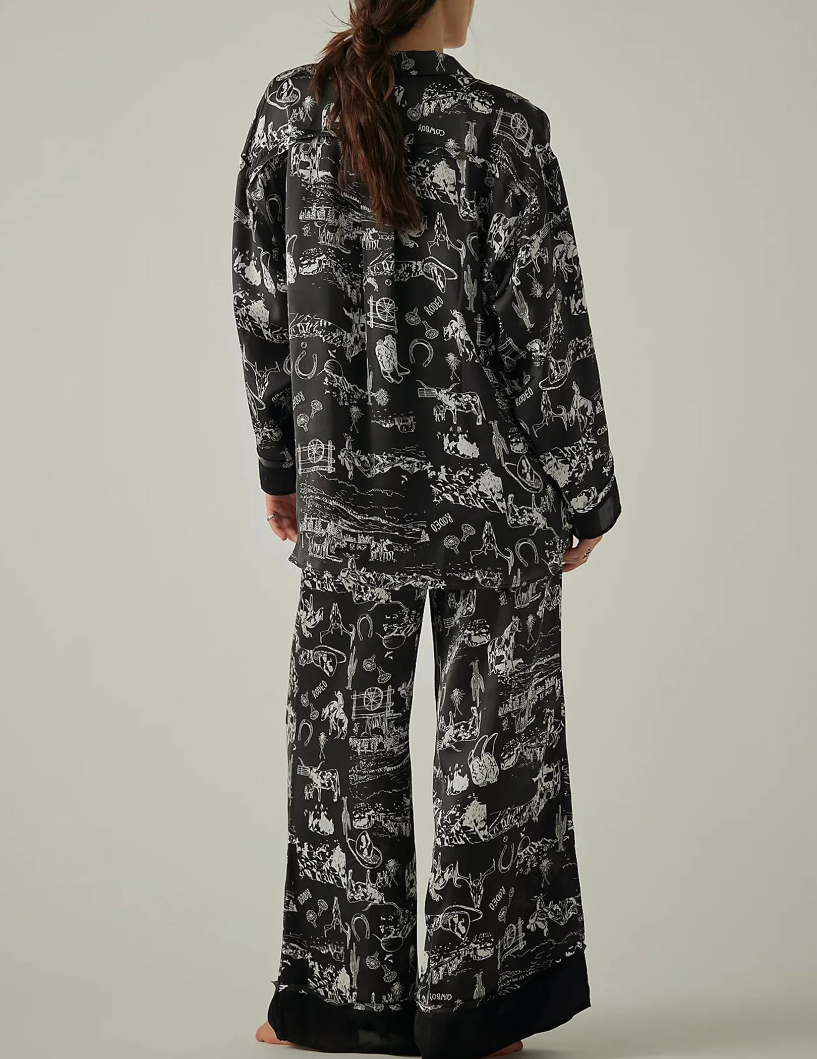 المرأة الساتان بيجامة مجموعة زر أسفل القمصان بنطال ذو قصة أرجل واسعة Pjs الأزهار بيجامة من الحرير 2 قطعة صالة مجموعات ملابس خاصة #6