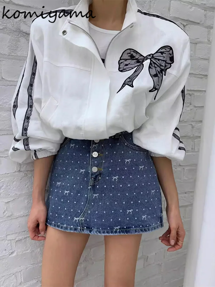 

Lace Bow 2025 Casaco Loose Long Sleeve Chaquetas De Mujer Stand Collar Zipper Jacket Sweet Jaqueta Feminina Woman Jackets