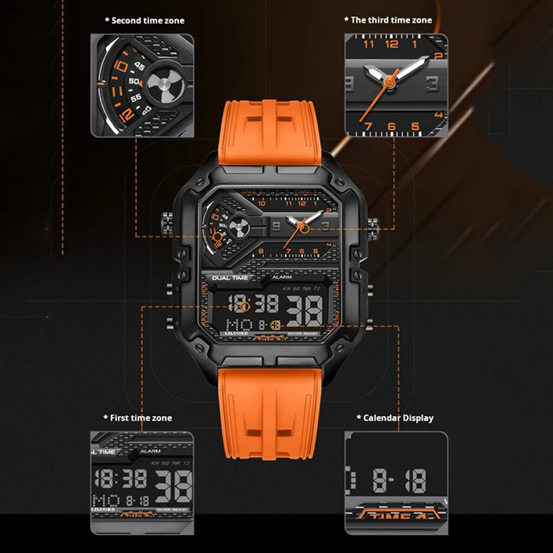 Мужские часы с 3-часовым дисплеем, роскошные водонепроницаемые спортивные часы высшего качества со светящейся датой, оранжевый силиконовый ремешок высокого качества