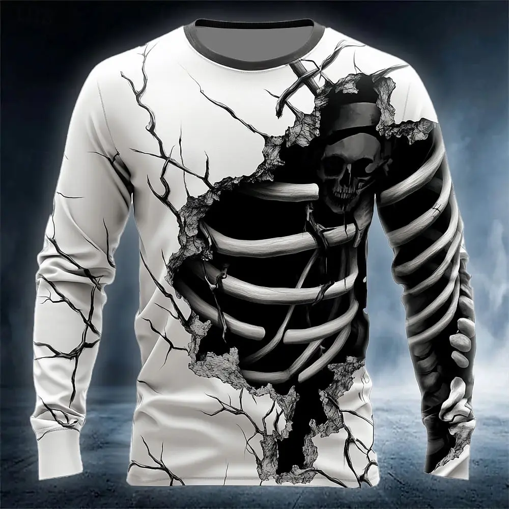 

Halloween Skeleton Printed Long Sleeve T-Shirts for Men Gothic Trendy Streetwear Casual Tops Halloween Theme Tee Fall Winter