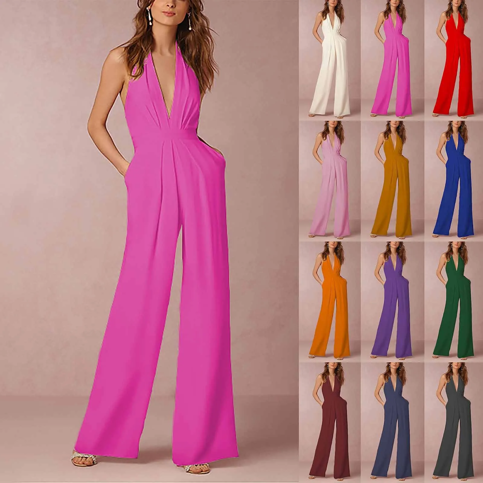 Women Fashion Long Jumpsuit Sleeveless Solid Simple Banquet Dress Loose Jumpsuits Women's Elegant Office Comfortable Trousers