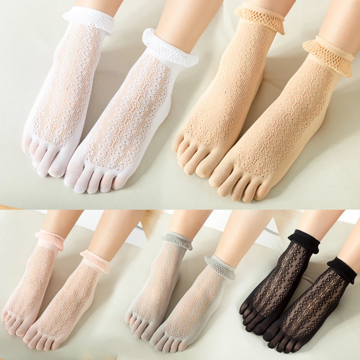 5 Pairs Five Finger Boat Socks Women Spring Summer Thin Plain Weave Shallow Mouth Velvet Ice Silk Sweat Absorbent Toe Socks