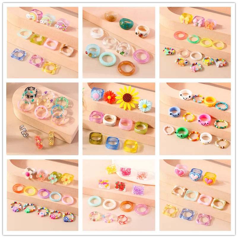 Aihua Korean Colorful Flower Ring Sets Bohemia Handmade Multi Beaded Rice Beads Finger Ring For Women Beach Jewelry Gifts