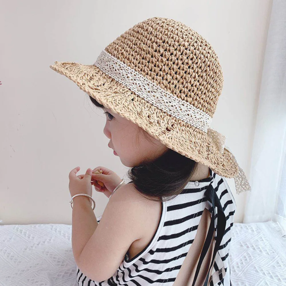 Beach Summer Fashion Petal Brim Lace Cap Bucket Hats Straw Woven Hat Sun Protection