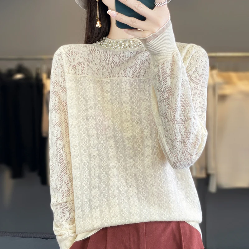 In summer, the new women\'s 100% pure woolen sweater knitted short sleeve casual loose female pearl collar loose fashion shirt.