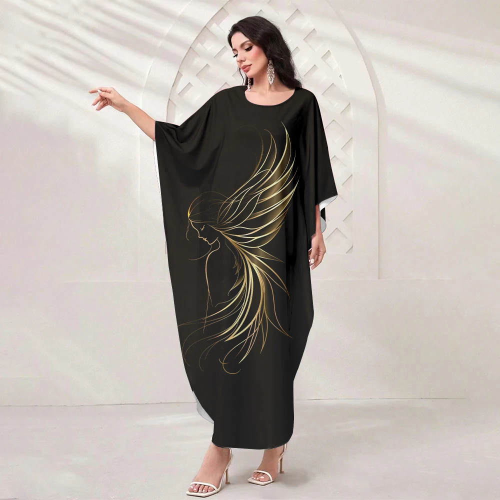 2024 Muslim Fire Phoenix Printed Casual Robe Women's Long Sleeve Batwing Sleeve Tassel Dress Dubai Robe Diamond Party Gowns