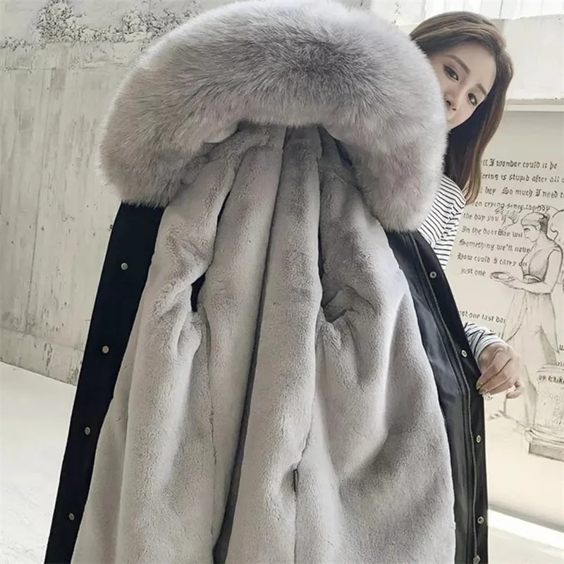 Pai Overcome Coat Women\'s 2024 Winter Imitation Rabbit Hair Inner Fur Jacket Fox Fur Collar Detachable Outwear Thick Female Tops