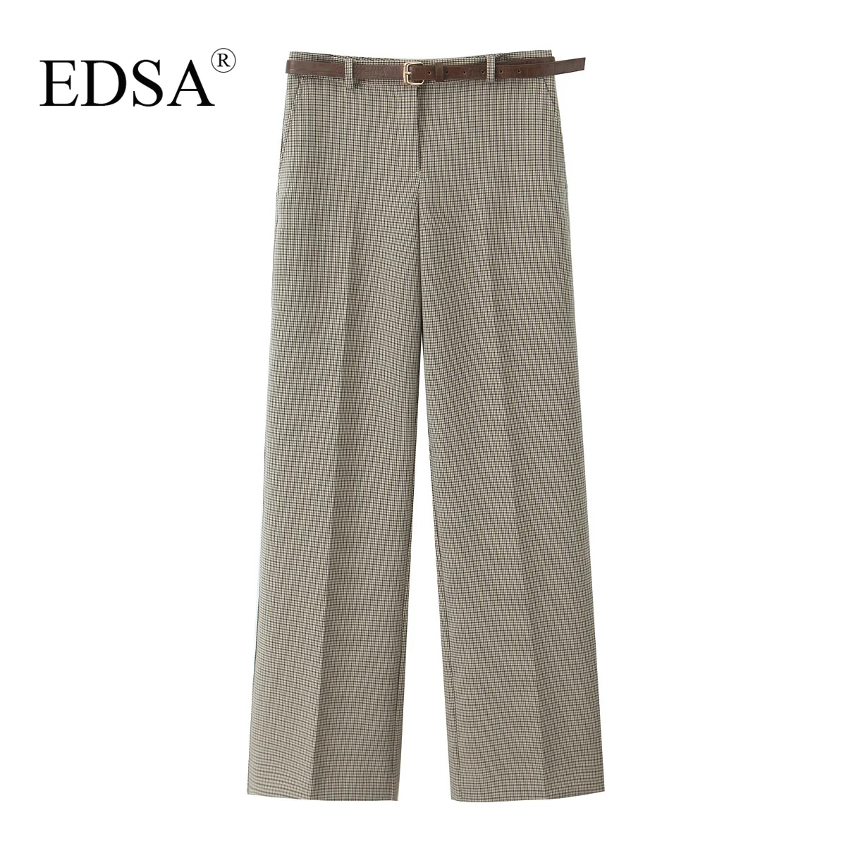 EDSA Women Grey Plaid Trousers with Belt for Office Lady High Waist Long Straight Pants