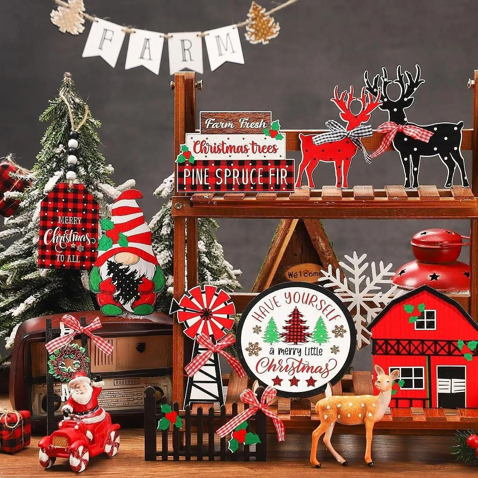 17 Pieces Christmas Tiered Tray Decorations Set Decoration Desk Home Table Shelf Gift Decorative Coffee Wooden Xmas Signs Decor